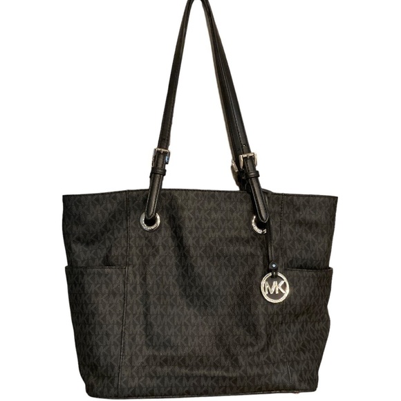 MICHAEL KOR JET SET BLACK GRAY SIGNATURE TOTE - Picture 1 of 10